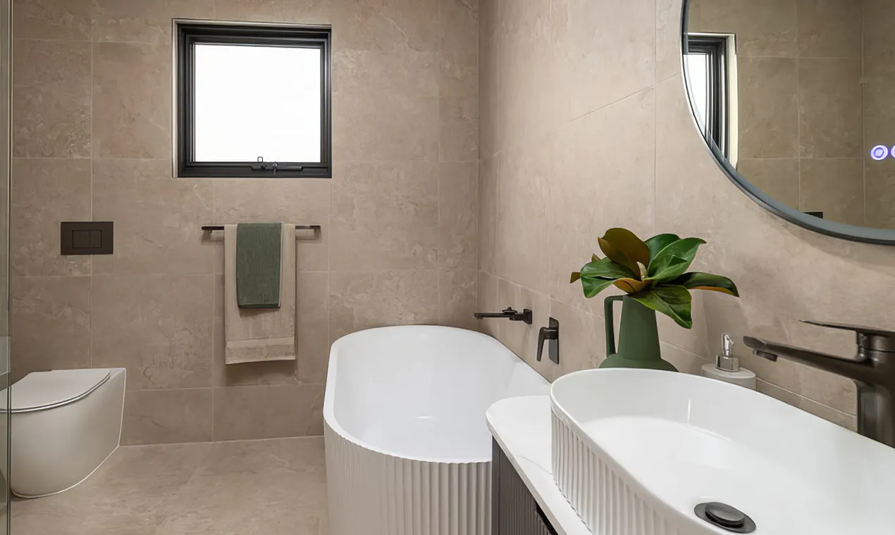 Hero image showing a modern Glenwood bathroom renovation with soft beige stone-look tiles, freestanding white bathtub, fluted vanity with vessel basin, matte black fixtures, and a circular mirror adding contrast and depth.